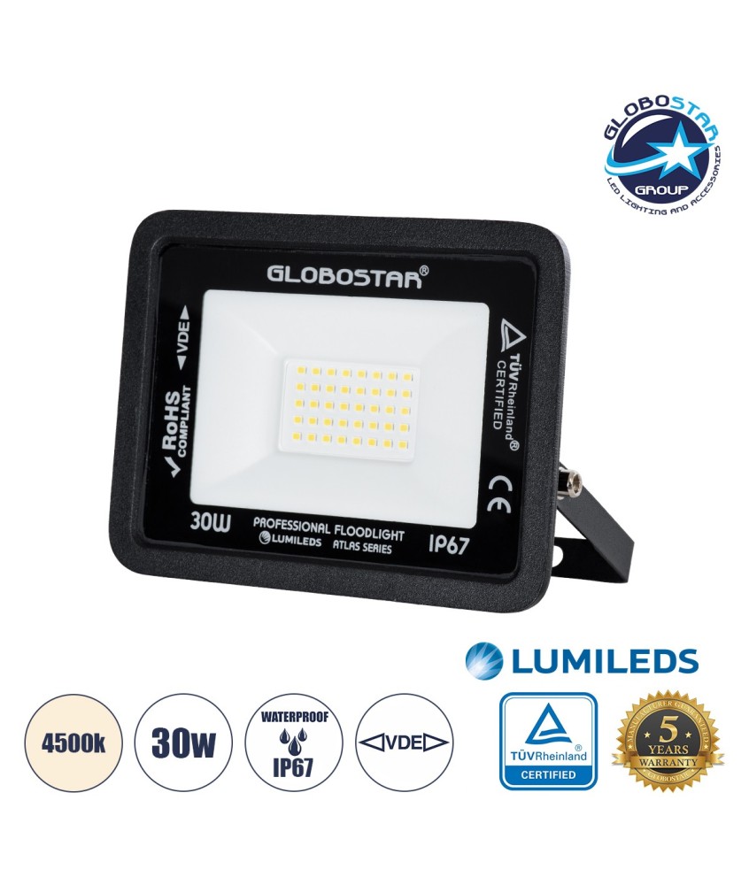 GLOBOSTAR® ATLAS 61417 Προβολέας LED 30W 3600lm 120° AC 220-240V Αδιάβροχο IP67 Φυσικό Λευκό 4500K - Lumileds SMD Chip - TÜV Rheinland Certified - Μαύρο Ματ - Μ16 x Π2.5 x Υ12.5cm - 5 Χρόνια Εγγύηση